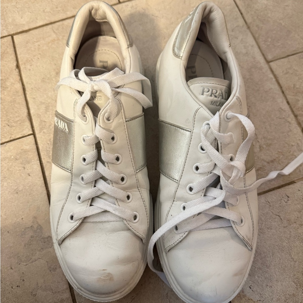 Prada White and Silver Casual Sneakers